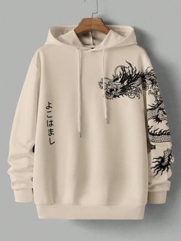 Manfinity VCAY Men's Casual Dragon Print Loose Hooded Long Sleeve Knit Sweatshirt