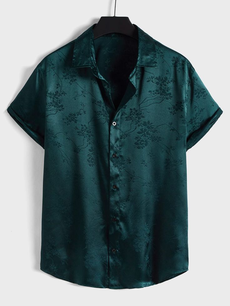 Dark teal satin short-sleeve button-up shirt with a subtle floral jacquard pattern, camp collar, and relaxed fit for an elegant casual look.